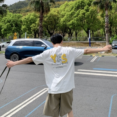 YES字母发泡印花短袖T恤男生夏季