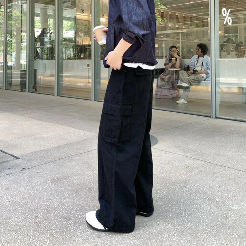 黑色半松紧腰大口袋工装裤男秋季