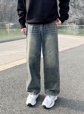 复古蓝色水洗做旧直筒牛仔裤男生2025春秋季宽松阔腿百搭休闲长裤