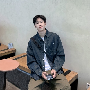 SUNSET 复古水洗刺绣牛仔长袖衬衫男生2025秋季廓形宽松休闲衬衣