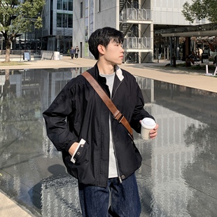 黑色立领条纹拼接哈灵顿夹克男生2026春季简约复古宽松休闲外套潮