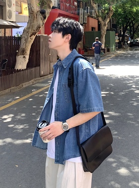 SUNSET 复古蓝色牛仔短袖衬衫男2025夏季基础百搭简约宽松衬衣