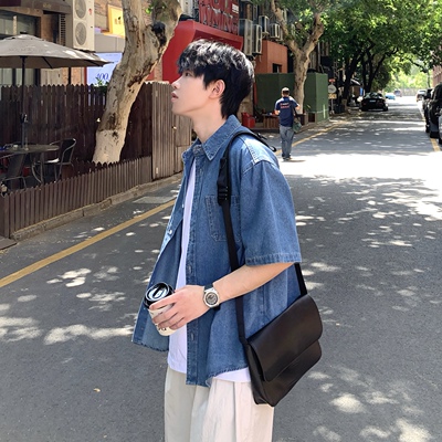 简约基础牛仔短袖衬衫男生夏季