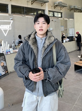 深灰色水洗座山雕毛领棉衣外套男生冬季短款宽松加厚保暖工装棉服