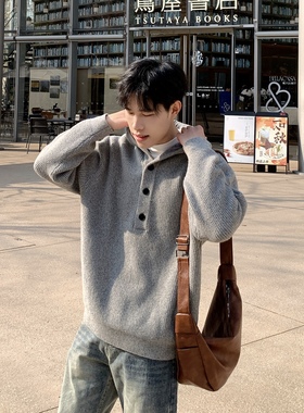 老钱风慵懒浅灰色连帽毛衣秋冬季2025男生通勤百搭宽松套头针织衫