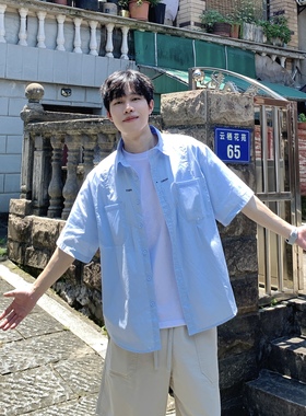 SUNSET 简约蓝色字母刺绣短袖衬衫2025夏季日常廓形宽松休闲衬衣