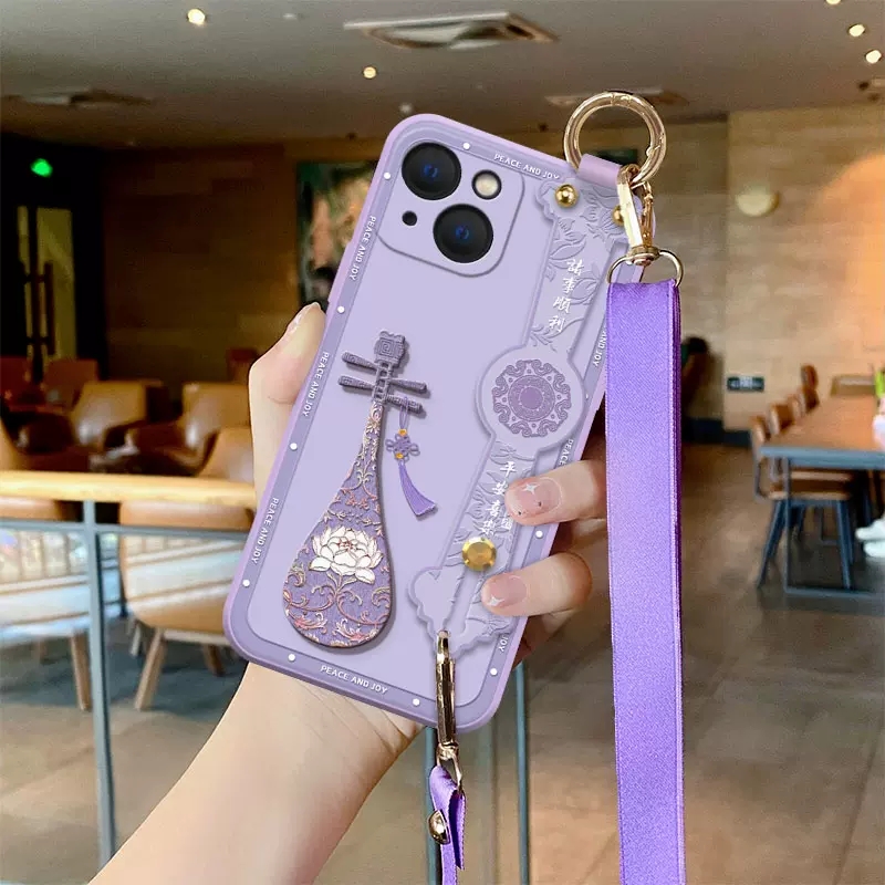琵琶花朵苹果16手机壳腕带支架iphone15promax全包防摔14plus斜跨挂绳13pro中国风12mini硅胶套11网红女X新款