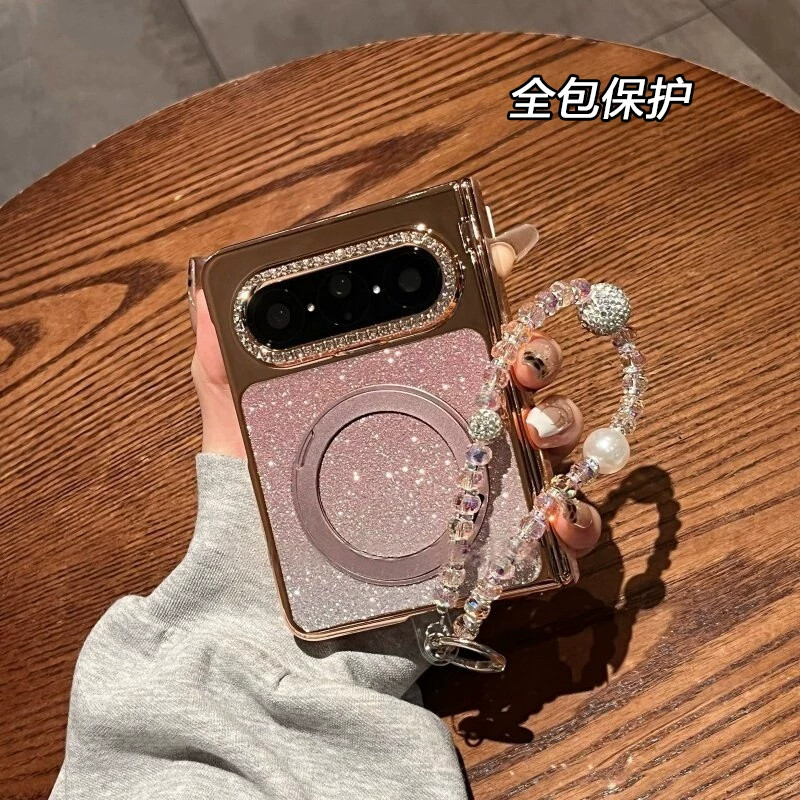 壳膜一体适用华为puraxmax手机壳新款中轴全包防摔渐变闪粉保护套PuraXMAX典藏版阔折叠旋转支架带手链女外壳