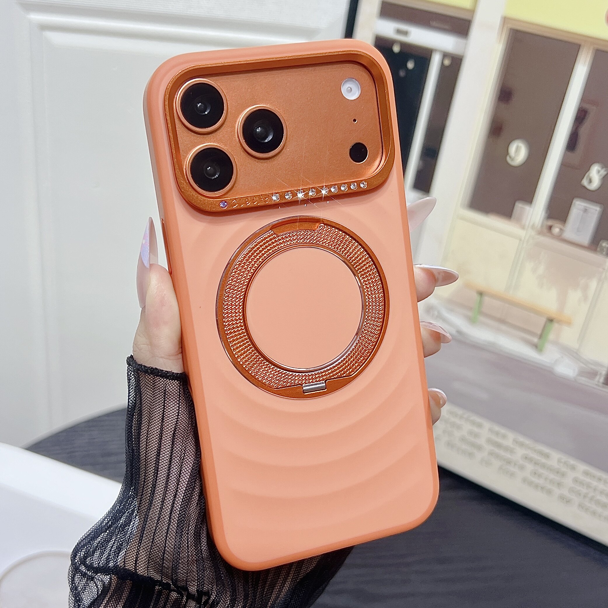 波漾纹360°旋转支架适用苹果17promax手机壳新款iPhone17pro金属水钻镜头磁吸保护套全包防摔高级女支点外壳