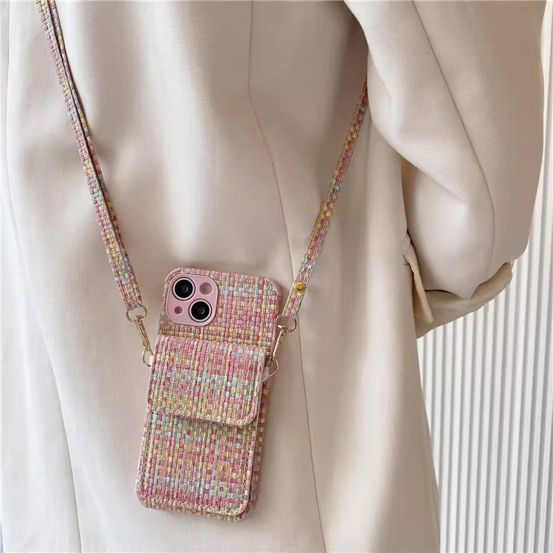 适用苹果17promax手机壳新款斜挎iphone16pro小香风编织纹卡包15plus全包防摔保护套14pm背带挂绳13女12外壳p