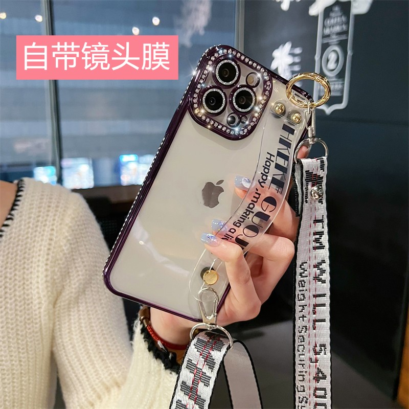 自带镜头膜苹果16promax手机壳新款斜挎iphone15pro背带挂绳14plus闪钻全包防摔13pm透明硅胶套ip12腕带支架x