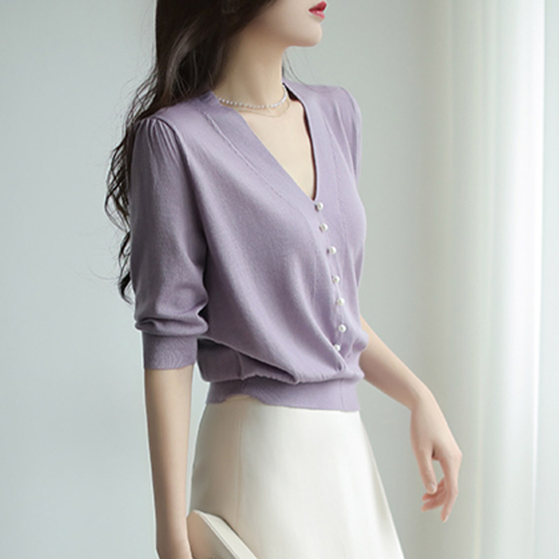 新款女装2024夏季中袖V领气质紫色冰丝针织衫T恤女上衣