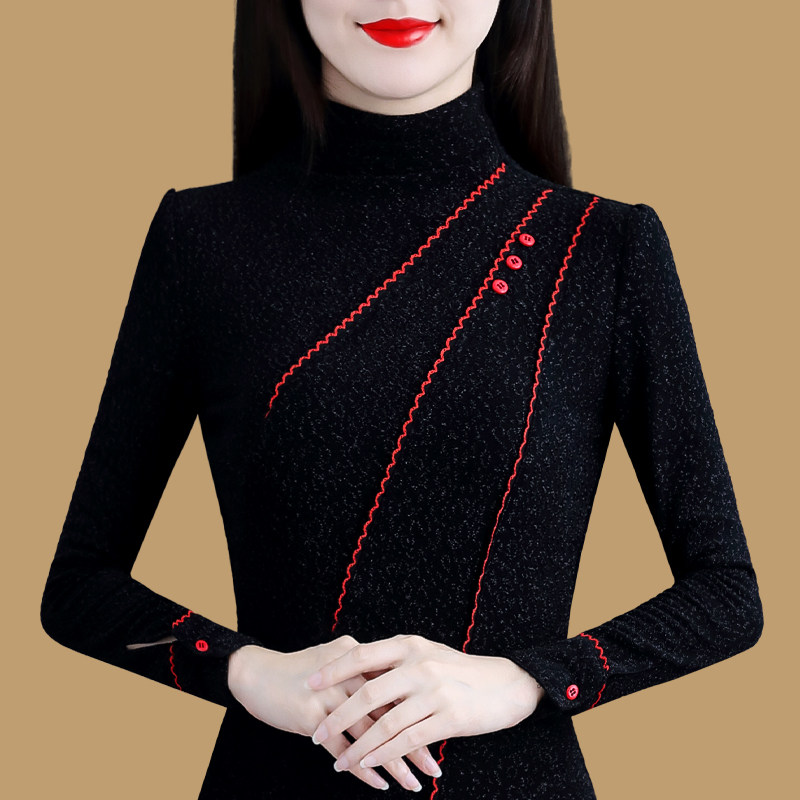 加绒加厚高领打底衫女2021冬季新款长袖修身保暖女士蕾丝内搭上衣
