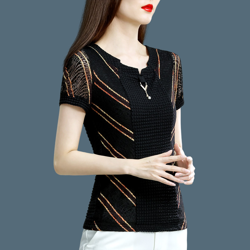 夏季蕾丝短袖上衣女短款女装2021年新款韩版修身显瘦拼接t恤衫女