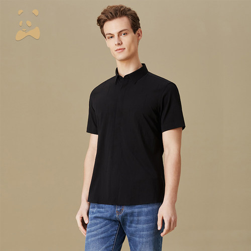 CANUDILO/卡奴迪路 黑色短袖衬衫男时尚修身弹力衬衣