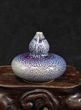 钧瓷名家常远纯手工紫色孔雀羽窑变精品葫芦瓶花瓶摆件原矿中式