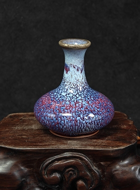 钧瓷名家常远纯手工紫色孔雀羽窑变精品玉壶春瓶摆件原矿中式复古
