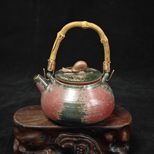 钧瓷名家陈俊才手工炉钧釉窑变精品竹根提梁壶茶壶原矿煮茶茶壶