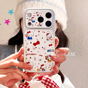 ins超火可爱卡通kitty猫适用苹果17手机壳17promax新款少女心16promax皮纹大视窗15pro带手绳14pm高级保护套