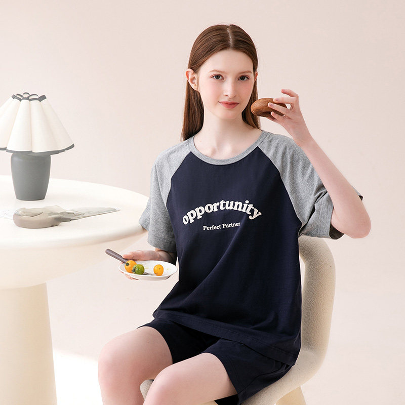 芬腾夏季女睡衣纯棉短袖短裤套装时尚运动休闲宽松外穿家居服夏天