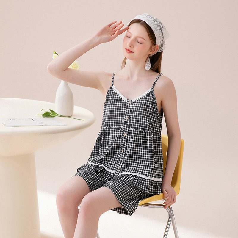 芬腾吊带睡衣女夏季短裤格子套装日系性感甜美可爱家居服夏小个子