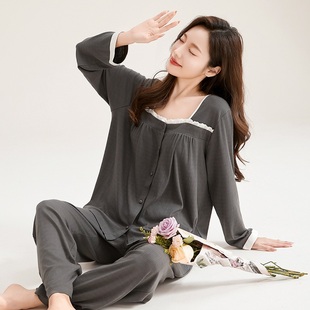 家居服套装 芬腾睡衣女春秋长袖 大码 开衫 方领日系花边甜美宽松秋季