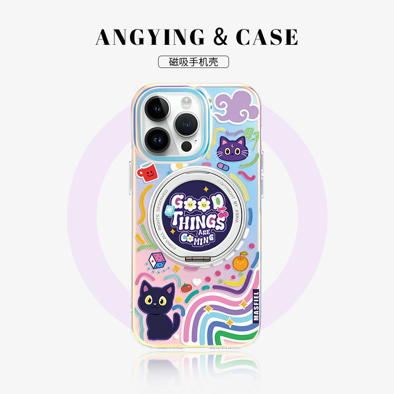 ANGYING × 彩虹猫猫适用苹果17promax手机壳iphone16pro磁吸支点壳15带支架全包14plus新款ip高级外壳套Lo5