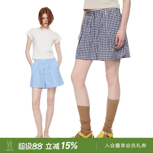 DNT/韩火火 泡泡纱清新小格纹宽松短裤女夏季慵懒风百搭休闲裤