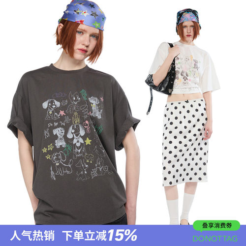 DNT/韩火火 涂鸦风潦草小狗印花t恤可爱设计新款休闲宽松短袖