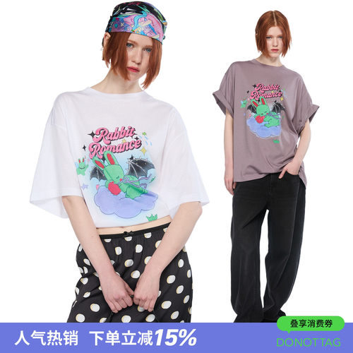 DNT/韩火火 恶魔兔的浪漫印花休闲宽松T恤上衣短袖夏