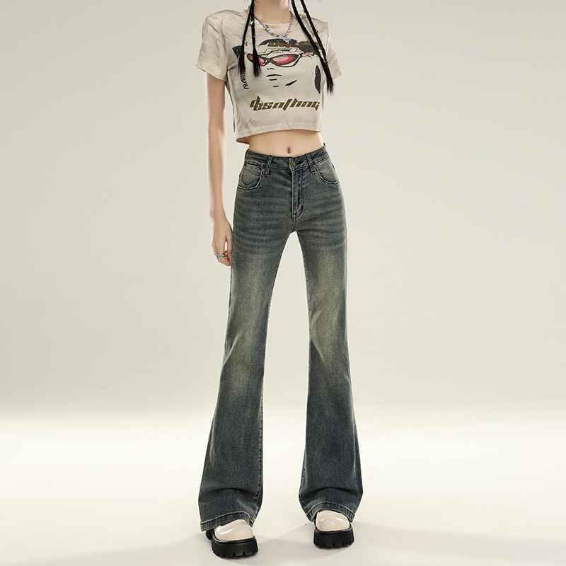 美式复古怀旧复古水洗喇叭牛仔裤女设计感低腰修身显瘦微喇裤