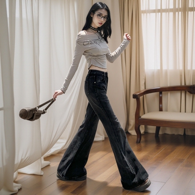 24th ootd!爆款｜黑灰色牛仔裤女秋新款小众设计感显瘦微喇叭裤子