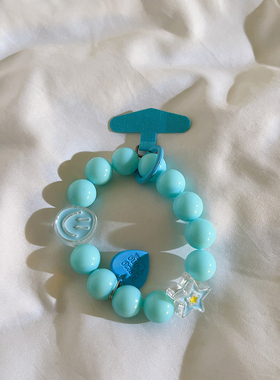 简约ins小众蓝色大珠珠手链挂件适用于手机壳汽车钥匙扣耳机套挂链小清新韩风女款手提防丢便携手腕带挂绳525