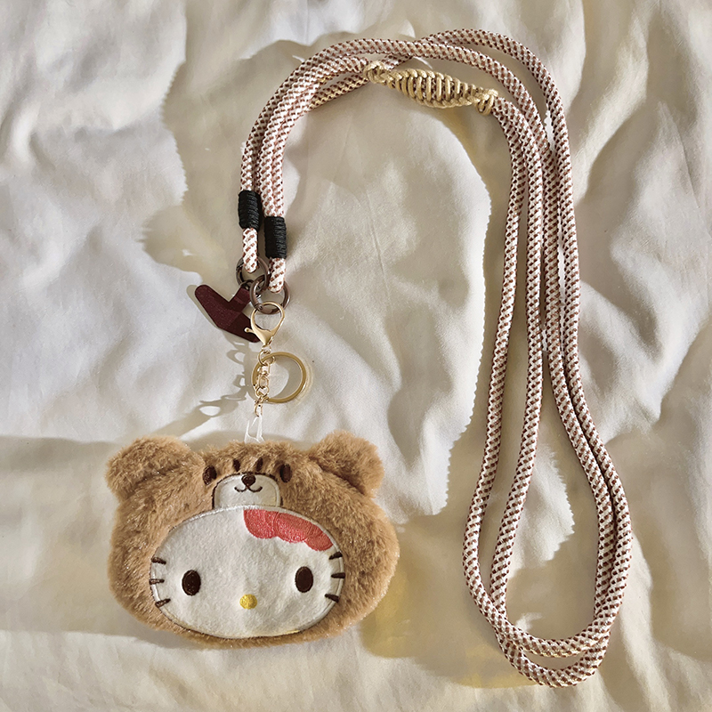 动漫卡通毛绒棕色熊头KT猫零钱包斜跨长绳适用于手机壳挂件学生网红可爱女款收纳蓝牙耳机套钥匙户外ccd挂链