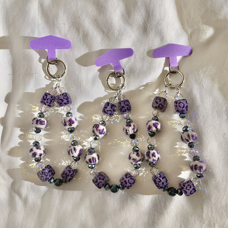 个性时尚设计紫色豹纹珠饰串珠手链适用于手机挂件短款链条防丢挂绳通用夹片网红女钥匙扣ccd相机便携挂链73,3C数码配件,手机挂件/手机链,淘宝优惠券,粉丝福利购,淘宝优惠卷
