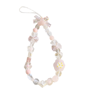 韩风清新蓝粉黄蝴蝶结花朵手链可爱串珠挂链手机壳饰品吊坠ccd相机链挂绳手绳防丢手提手拎手机链条挂件配饰