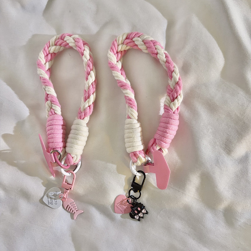 日韩卡通可爱立体黑猫粉爱心手机挂件四股编织挂绳适用于手机壳百搭学生ins女款钥匙扣链ccd便携手腕挂链防丢