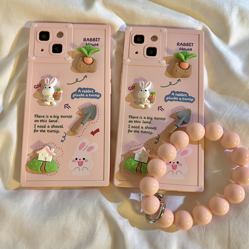 少女粉方形立体萝卜兔子适用于iPhone13苹果14plus手机壳12珠珠手链条11promax硅胶x/xr可爱卡通xsmax防摔套-封面