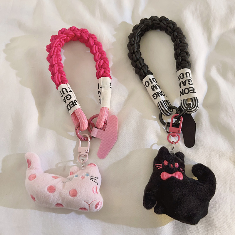 趣味卡通粉波点猫挂件编织尼龙手绳适用手机壳百搭ins可爱女款书包学生挂链便携腕带手环CCD车钥匙扣耳机配饰