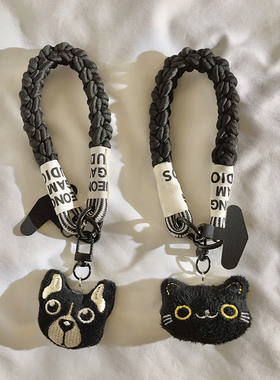 黑色系猫咪小狗公仔吊坠挂件编织带尼龙短款挂绳适用于手机壳趣味可爱卡通学生包挂件汽车钥匙扣ccd便携手腕