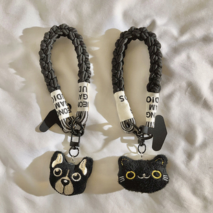 黑色系猫咪小狗公仔吊坠挂件编织带尼龙短款挂绳适用于手机壳趣味可爱卡通学生包挂件汽车钥匙扣ccd便携手腕