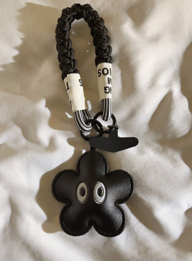 可爱皮质黑色花朵眼睛吊坠编织尼龙短款手绳适用于手机壳ccd包包挂件汽车钥匙扣耳机便携腕带手环趣味网红女