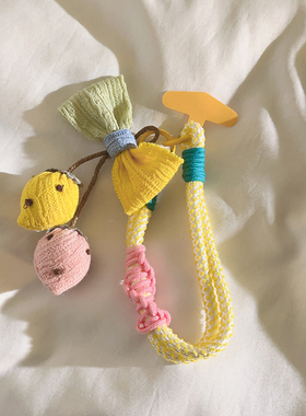 韩系ins风布艺黄粉草莓黄色螺旋纹短绳适用于手机壳多功能手提挂件多功能手机链学生钥匙扣女ccd便携挂绳手腕