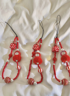 简约ins立体苹果小人红色手工串珠手链适用手机壳百搭新年可爱女款手机挂链ccd拍立得耳机套挂饰便携挂绳893