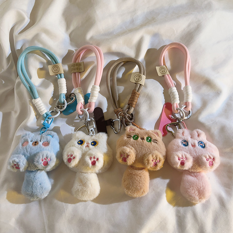 萌趣毛绒猫尾巴编织尼龙挂绳适用于手机壳DIY旋转扣手机挂饰包包挂件卡通可爱女款便携腕带结实手环手机吊坠