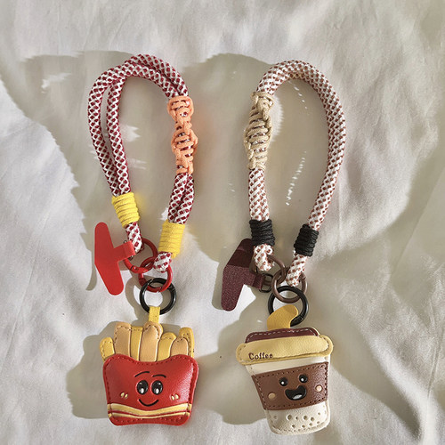 小众ins可爱卡通薯条咖啡杯表情皮革挂件螺旋纹短绳适用于手机壳趣味学生女款包挂钥匙扣通用ccd便携挂链手腕