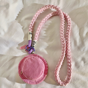 灯芯绒粉色条纹帽子包挂件编织尼龙斜跨长绳适用手机壳创意多功能收纳苹果蓝牙耳机挂件ccd相机侧肩户外背带
