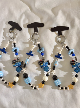 趣味创意手工串珠手链手机挂件适用于手机壳可爱百搭蓝色卡通挂饰多功能手机链短款手腕钥匙扣ccd便携挂绳255