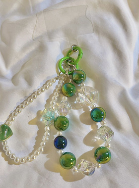 复古祖母绿撞色珠珠双扣手机链手机壳钥匙扣便携手绳ccd相机链耳机套挂链饰品挂件防丢手提挂饰挂绳手工珠链