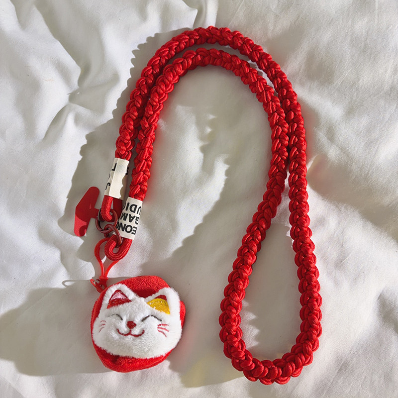 DIY毛绒可爱招财猫红色圆形零钱包手机挂件加粗编织斜跨长绳适用于手机壳通用ccd户外防丢挂链绳侧肩背带女款